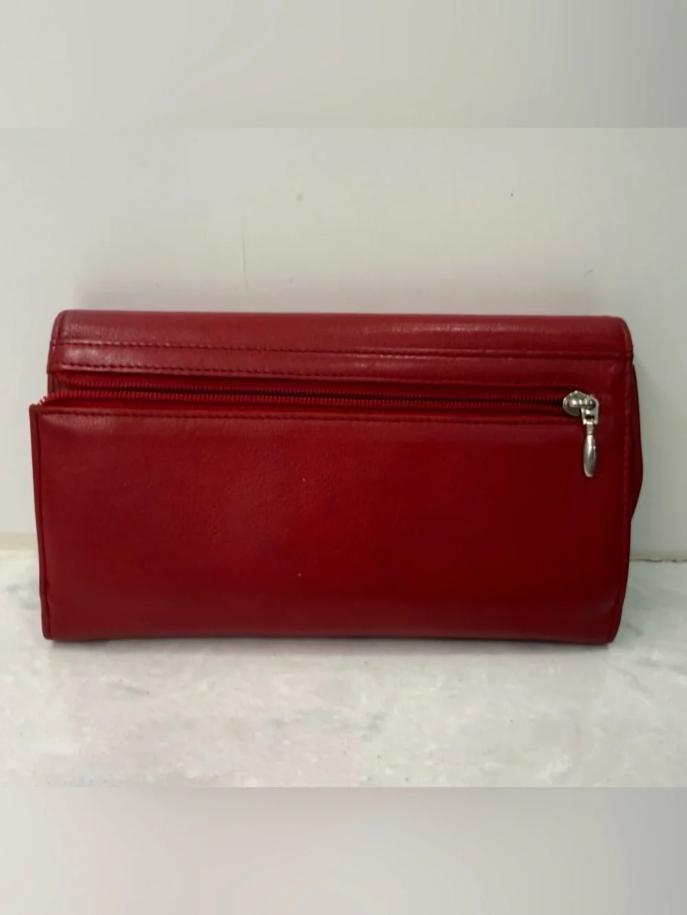 TUMI Red Leather Trifold Wallet w/ Checkbook Holder